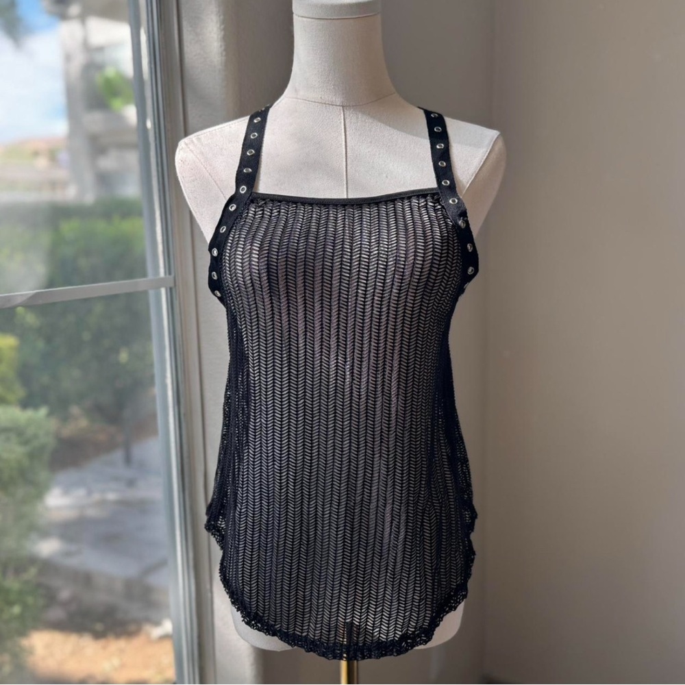 Y2K Grunge Black Sheer Nylon Racerback Cami with eyelet straps.